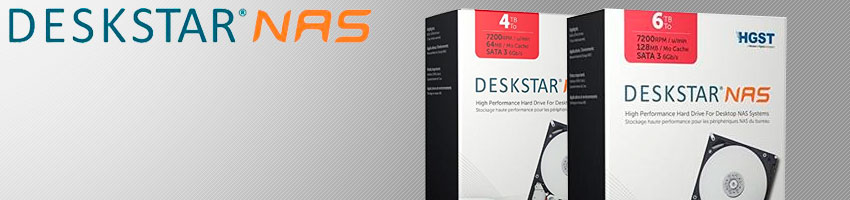 Caixa de dois HDs HGST linha Deskstar para Desktop NAS ao lado do logo da linha