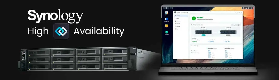 Recurso de SHA no Synology, imagem com um synology de rack ao lado de um notebook com a tela do sistema operacional Synology e a tela com Synology High Availability