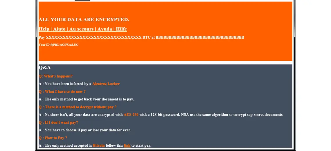 Tela do Ransomware - Alcatraz Locker