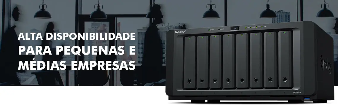 Storage Synology com alta disponibilidade e um ambiente de escritório ao fundo