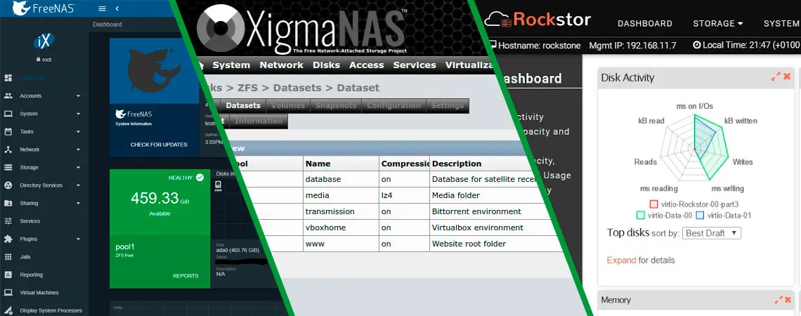 Telas dos softwares FreeNAS, XigmaNAS e Rockstor