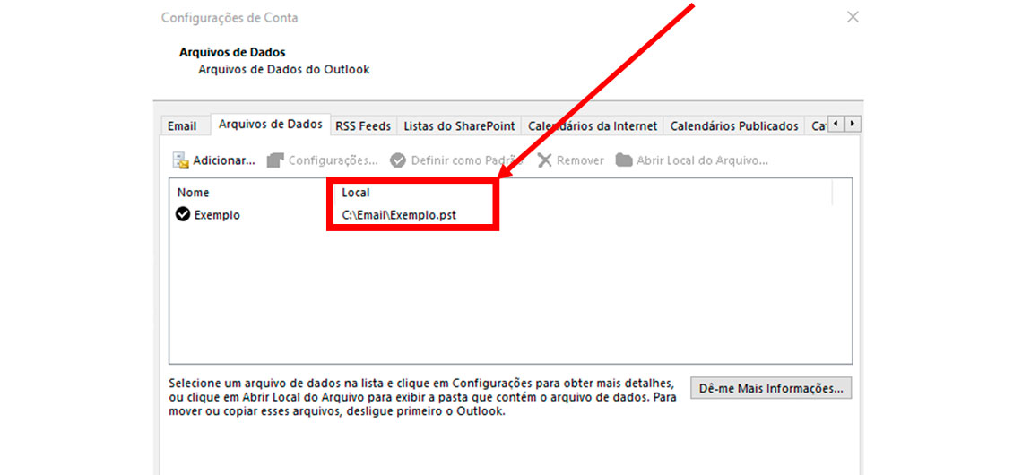 Arquivos de dados Tela do Outlook - Arquivos de dados