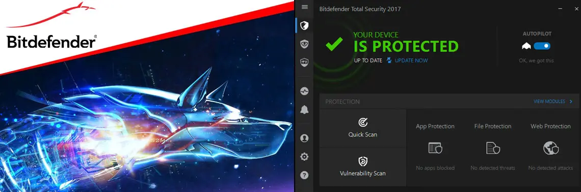 Logotipo Bitdefender ao lado da interface do antivírus