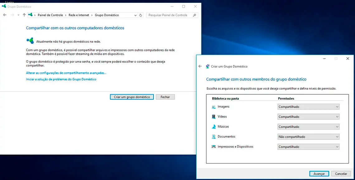 Compartilhar pasta em ambiente windows - grupo doméstico