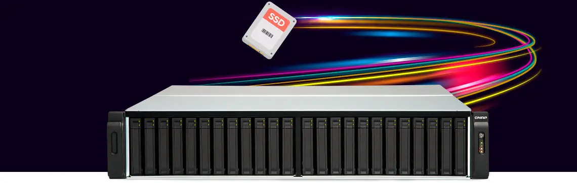 Sistema All Flash com um efeito gráfico ao fundo demonstrando alta velocidade de SSD