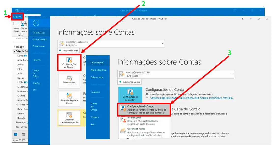 Tela do Outlook - Informações sobre Contas