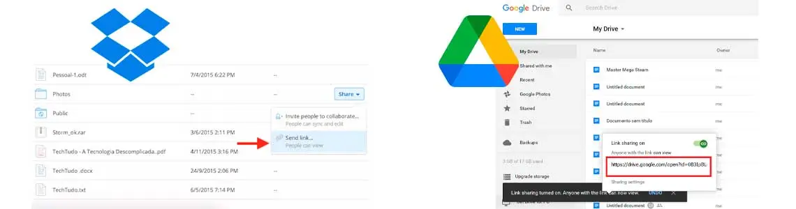 Telas dos aplicativos Dropbox e Google Drive para compartilhamento de links - Quando transferir arquivos por email se torna um problema