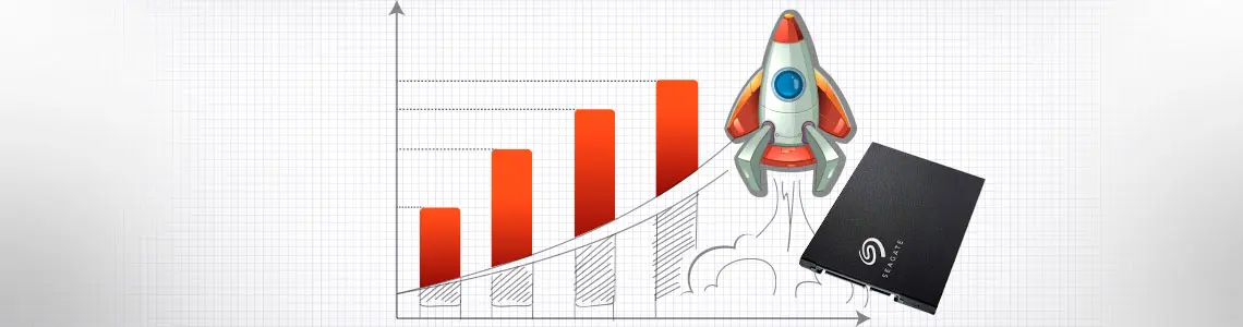 O desempenho de uma unidade SSD - gráfico com elevação e um foguete no alto demonstrando ao alto desempenho do ssd