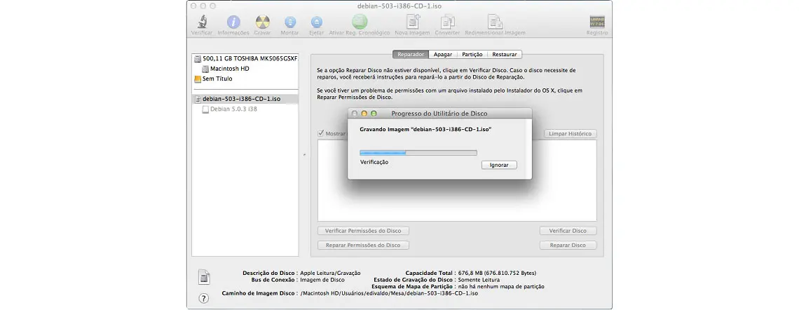 Gravar arquivo ISO em macOS, tela de gravação