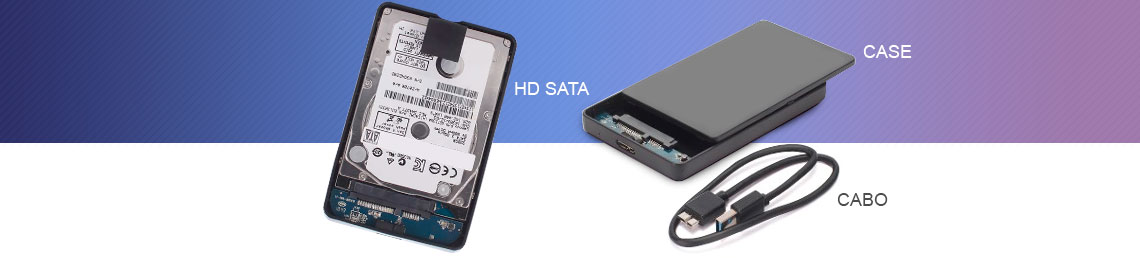 Imagem de um HD externo aberto e expondo o case, hd interno SATA e cabo