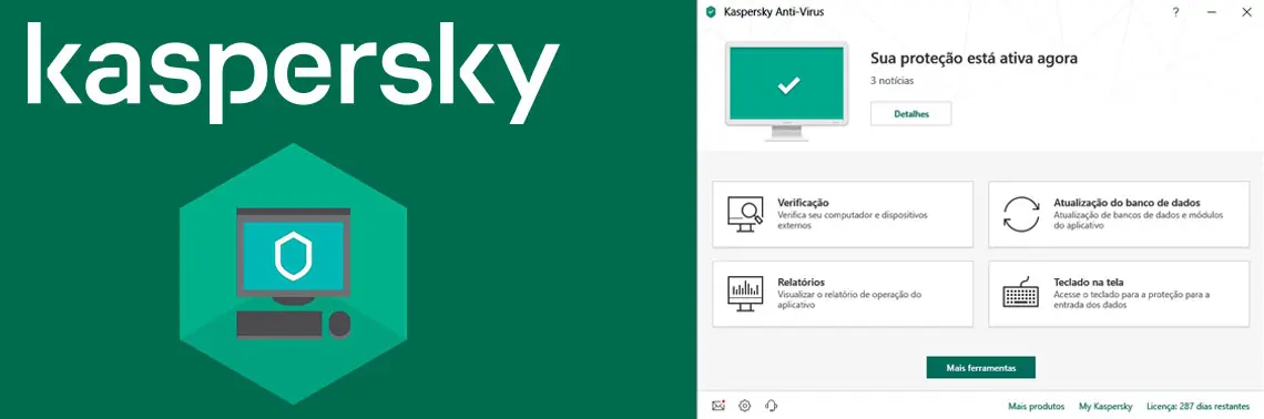 Logotipo Kaspersky ao lado da interface do antivírus