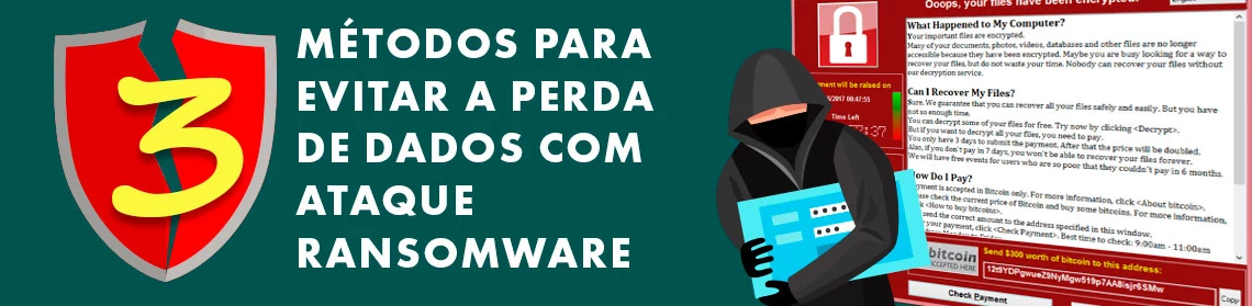 texto 3 métodos para evitar a perda de dados com ataque Ransomware e figura de um hacker roubando dados com uma tela do Ransomware ao fundo