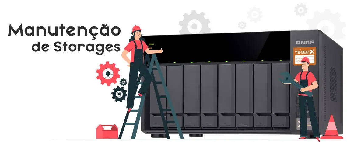 Manutenção de Storages, Qnap NAS TS-832X com personagens ao lado vestidos de mecânicos para simbolizar a manutenção do storage