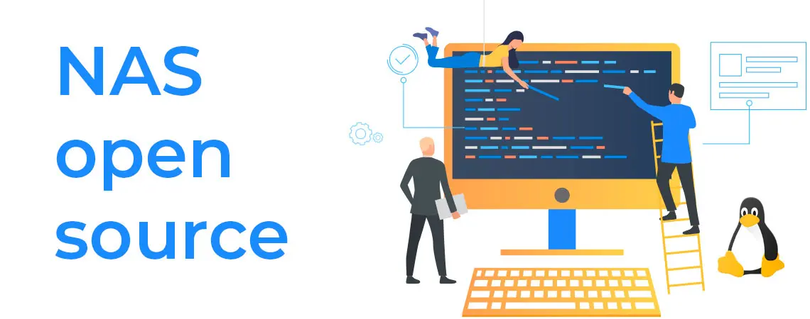 NAS open Source, imagem gráfica de três pessoas colaborando para montar um software open source