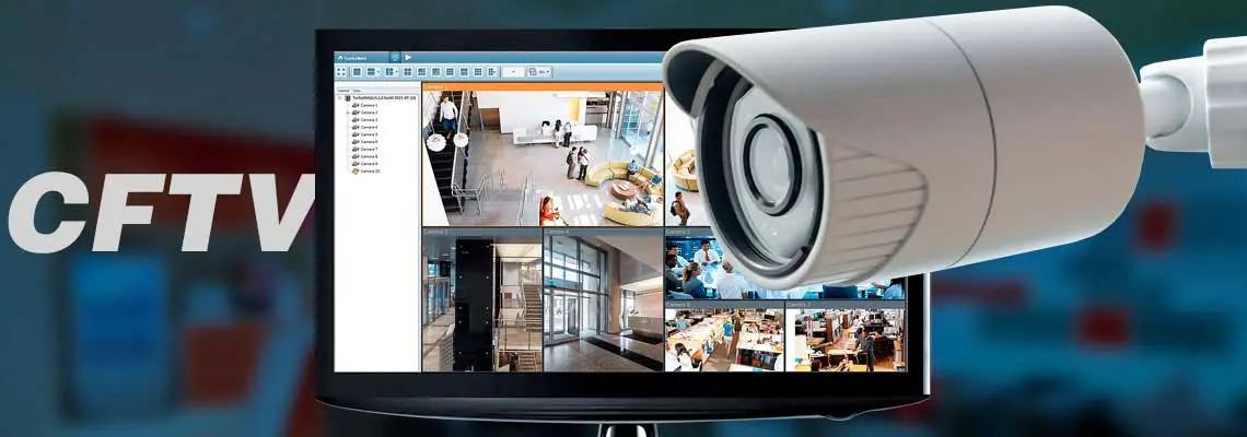 O que é CFTV? Ambiente corporativo com uma câmera IP e um monitor com as imagens ao vivo da vigilância na tela