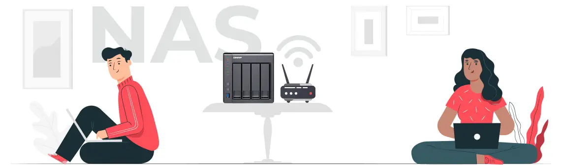 Sistemas de armazenamento NAS - Ilustração gráfica com um Storage NAS Qnap em um ambiente residencial com dois usuários acessando os arquivos via rede