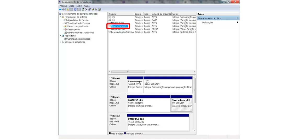 Partições novas ou discos rígidos formatado Tela de gerenciamento do computador no sistema Windows para partição de disco
