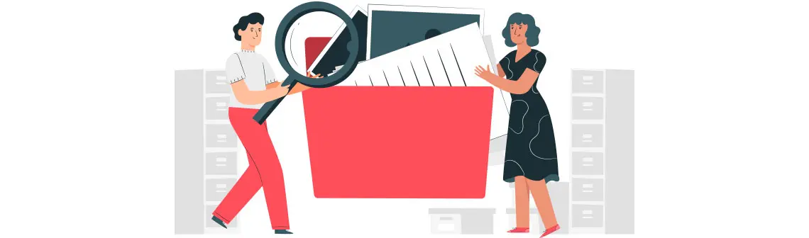 Por que a gestão dos documentos (físicos e digitais) é importante?, desenho com duas pessoas carregando uma pasta de arquivos em direção aos armários