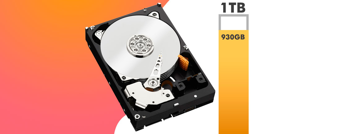 Disco rígido ao lado de uma barra de espaço de 1TB com 930GB preenchidos