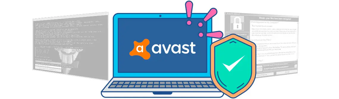 Computador no centro da imagem com o logo do Avast na tela e um escudo simbolizando segurança e duas telas de Ransomware ao fundo em preto e branco