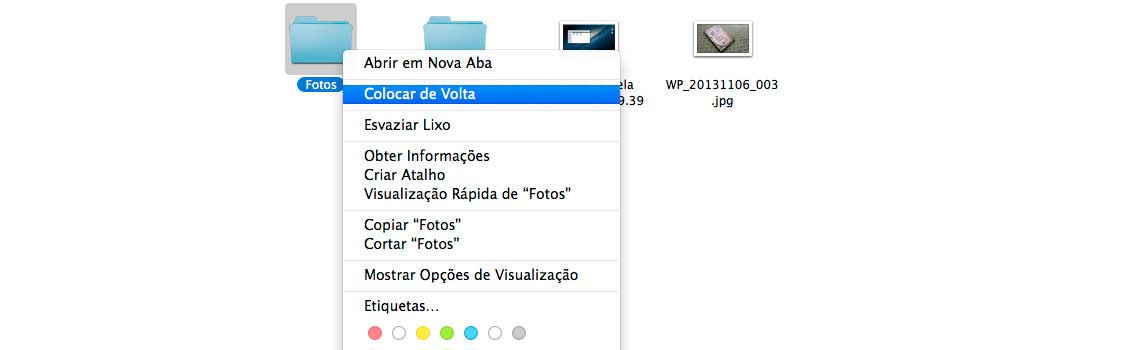 Recuperando arquivos deletados da lixeira do MAC Tela da lixeira Mac com a opção de Colocar de Volta no arquivo apresentado na pasta