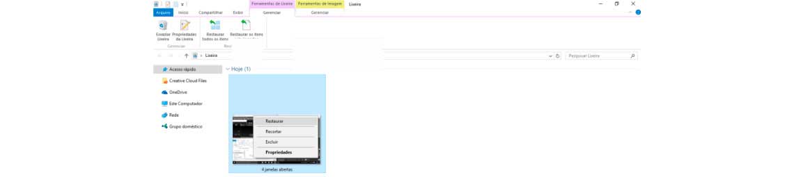 Arquivos deletados da lixeira do Windows Tela da lixeira Windows com a opção de restaurar no arquivo apresentado na pasta