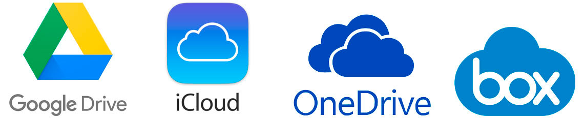 Logos de serviços de armazenamento em nuvem - Google Drive, OneDrive, iCloud e Box