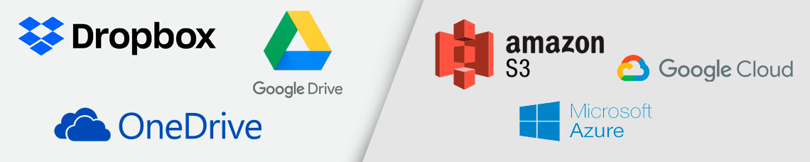 Logos de serviços de cloud storage - Google Drive, Dropbox, Microsoft OneDrive, Google Cloud Storage, Amazon S3 e Microsoft Azure