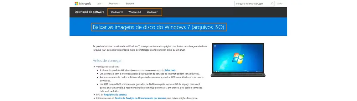 Sistema operacional Windows via imagem ISO