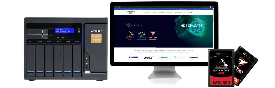 Qnap NAS com SSDs preparados para NAS Nitro e IronWolf ao lado