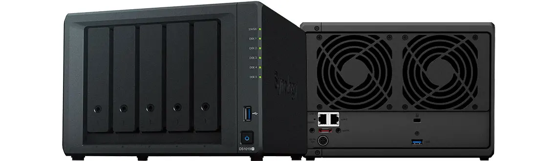 Synology DS1019+ parte frontal e traseira do equipamento