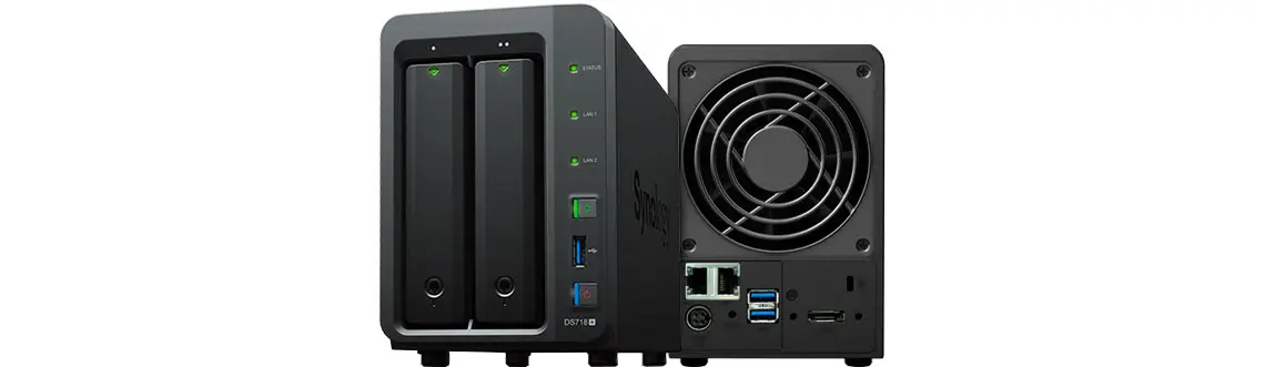 Synology DS718+ parte frontal e traseira do equipamento