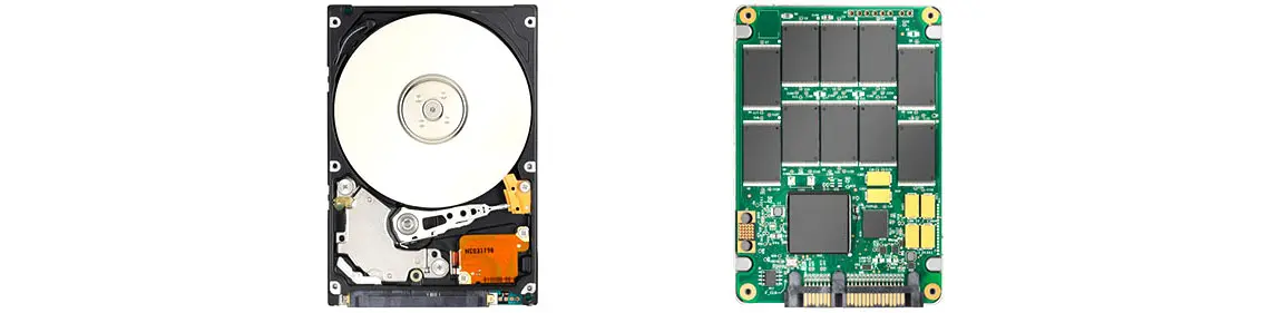 Vantagens do SSD sobre HDD, um ssd e um hdd abertos para mostrar os componentes de cada
