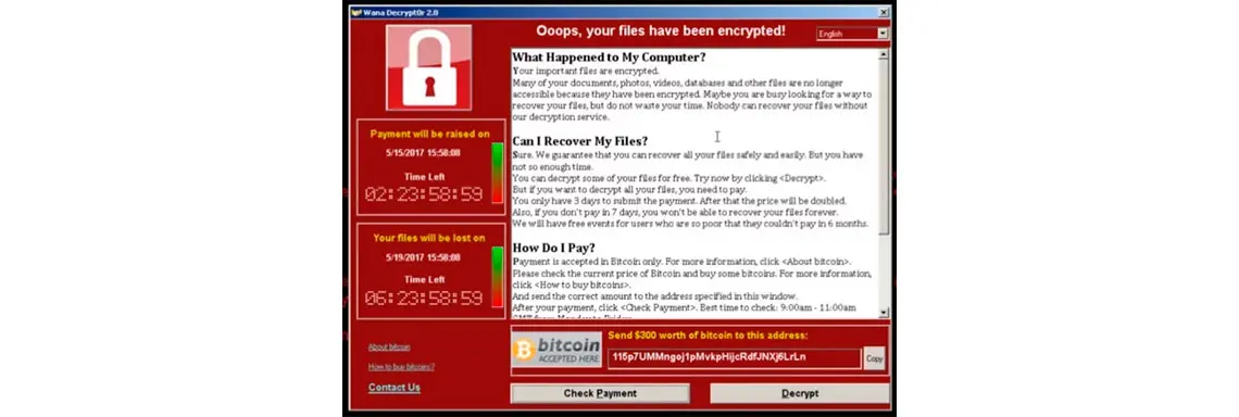 Tela de computador com a imagem de infecção por WannaCry