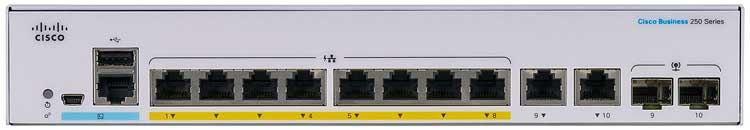 Switch PoE 8 portas Gigabit Cisco Business - CBS250-8P-E-2G
