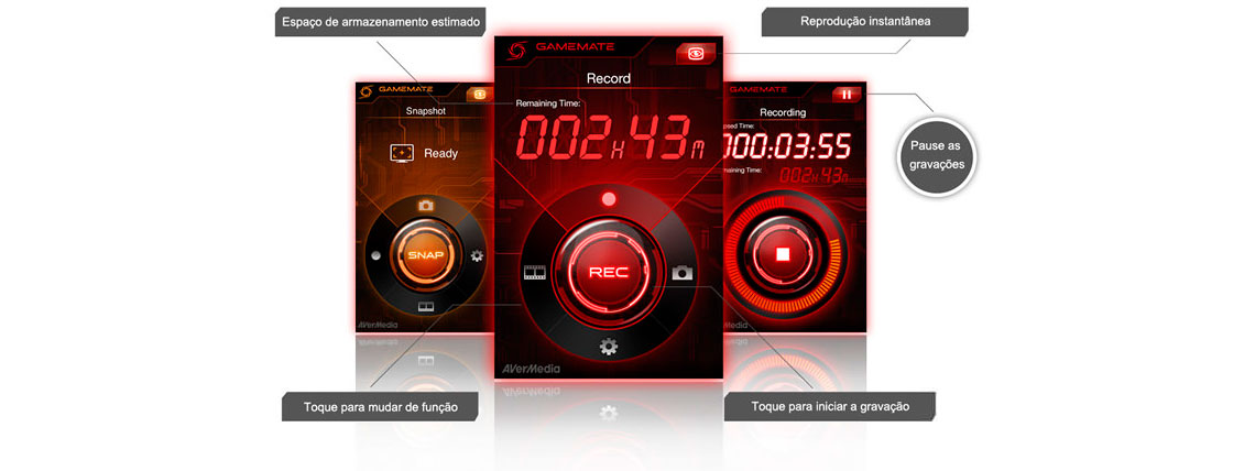 Interface do aplicativo Game Mate da AVerMedia no celular, apresentando as funções de espaço de armazenamneto estimado, toque para mudar de função, toque para iniciar a gravação, reprodução instantânea e pausar as gravações