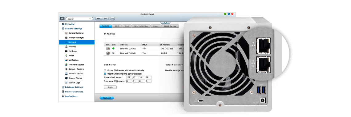 NAS 4 bay com duas portas LAN e agregação de link