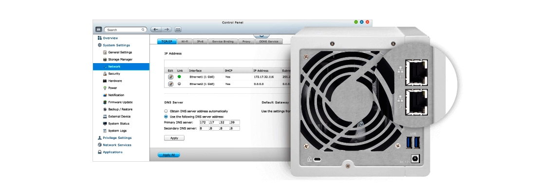 Storage NAS 4 baias com duas portas LAN e agregação de link