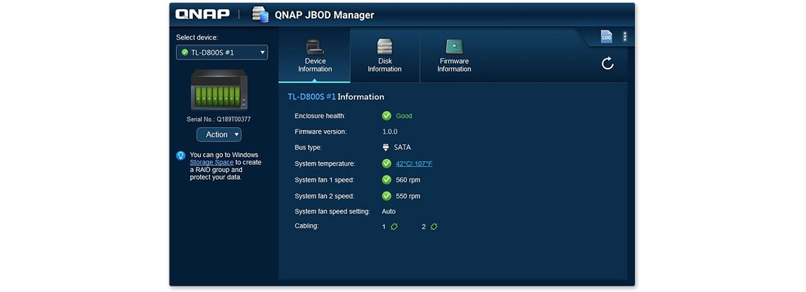 QNAP JBOD Manager, monitoramento do status do JBOD