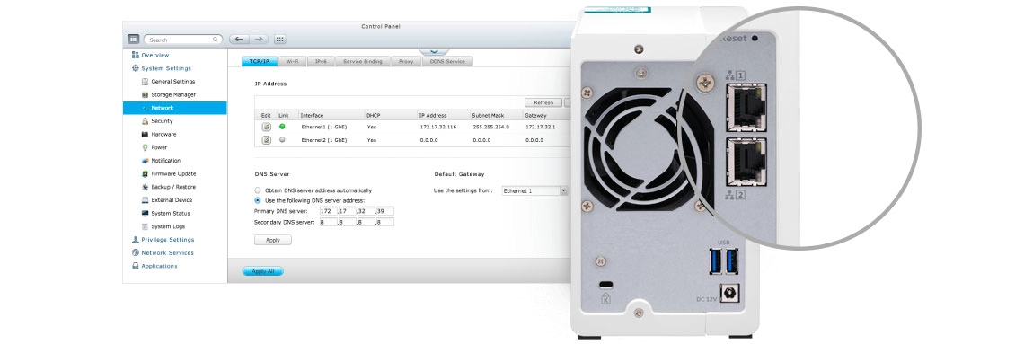 TS-231K 8TB Qnap: Duas portas LAN gigabit que podem trabalhar conjuntamente