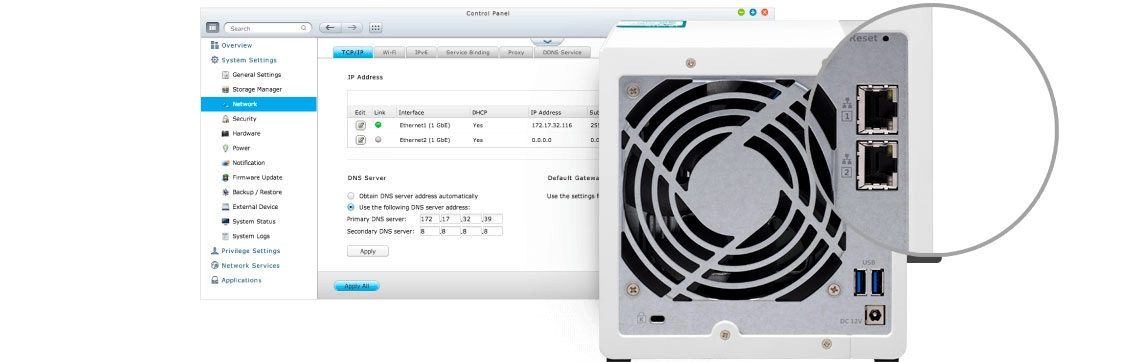 TS-431K 8TB: Duas portas LAN e hard disks que trabalham em conjunto