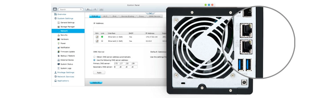 TS-431KX 20TB Qnap: Portas LAN gigabit e hard disks que trabalham em conjunto